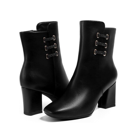 IDIFU Women's Ada Fashion Square Toe Ankle Boots Low Block Heel Short - Black 7 - Picture 2 of 7